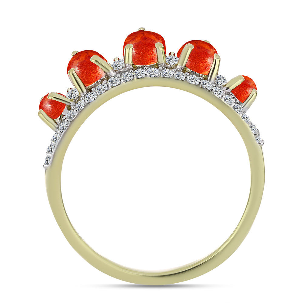 Anel de Prata com Banho de Ouro com Coral Esponja Vermelha e Topázio Branco 3 