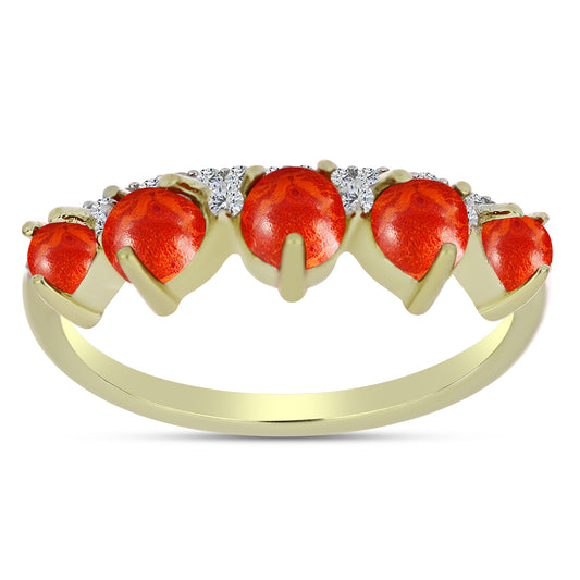 Anel de Prata com Banho de Ouro com Coral Esponja Vermelha e Topázio Branco