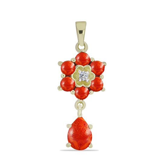 Pendente de Prata com Banho de Ouro com Coral Esponja Vermelha e Topázio Branco