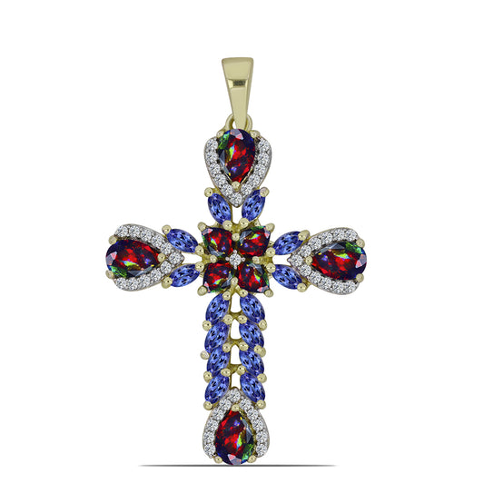 Cruz Pendente de Prata com Banho de Ouro com Opala Preta de Lega Dembi da Etiópia e Tanzanite  Contraste: Cabeca de Veado (800)