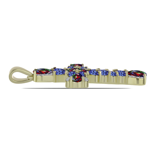 Cruz Pendente de Prata com Banho de Ouro com Opala Preta de Lega Dembi da Etiópia e Tanzanite  Contraste: Cabeca de Veado (800)