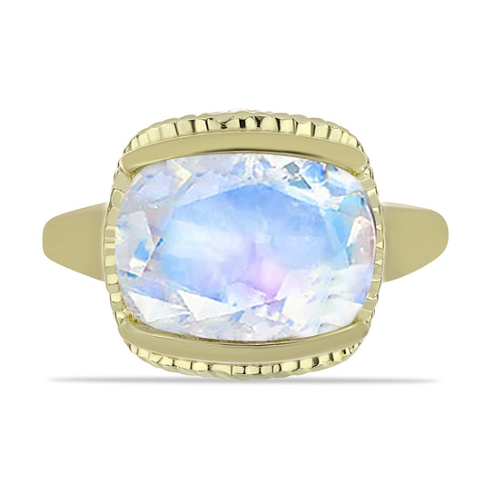 Anel de Prata com Banho de Ouro com Pedra da Lua Arco-íris  Contraste: Cabeca de Veado (800)