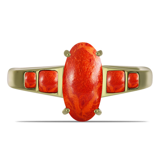 Anel de Prata com Banho de Ouro com Coral Esponja Vermelha