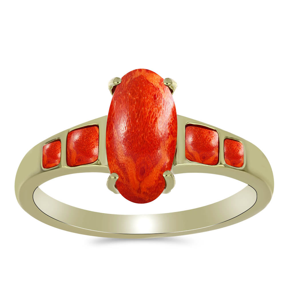 Anel de Prata com Banho de Ouro com Coral Esponja Vermelha