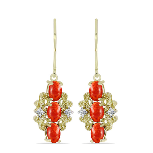 Brincos de Prata com Banho de Ouro com Coral Esponja Vermelha e Topázio Branco