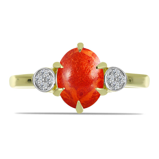 Anel de Prata com Banho de Ouro com Coral Esponja Vermelha e Topázio Branco
