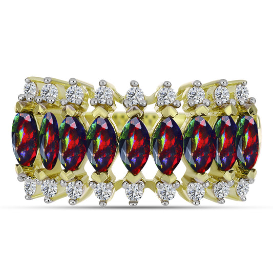 Anel de Prata com Banho de Ouro com Opala Preta de Lega Dembi da Etiópia e Topázio Branco  Contraste: Cabeca de Veado (800)