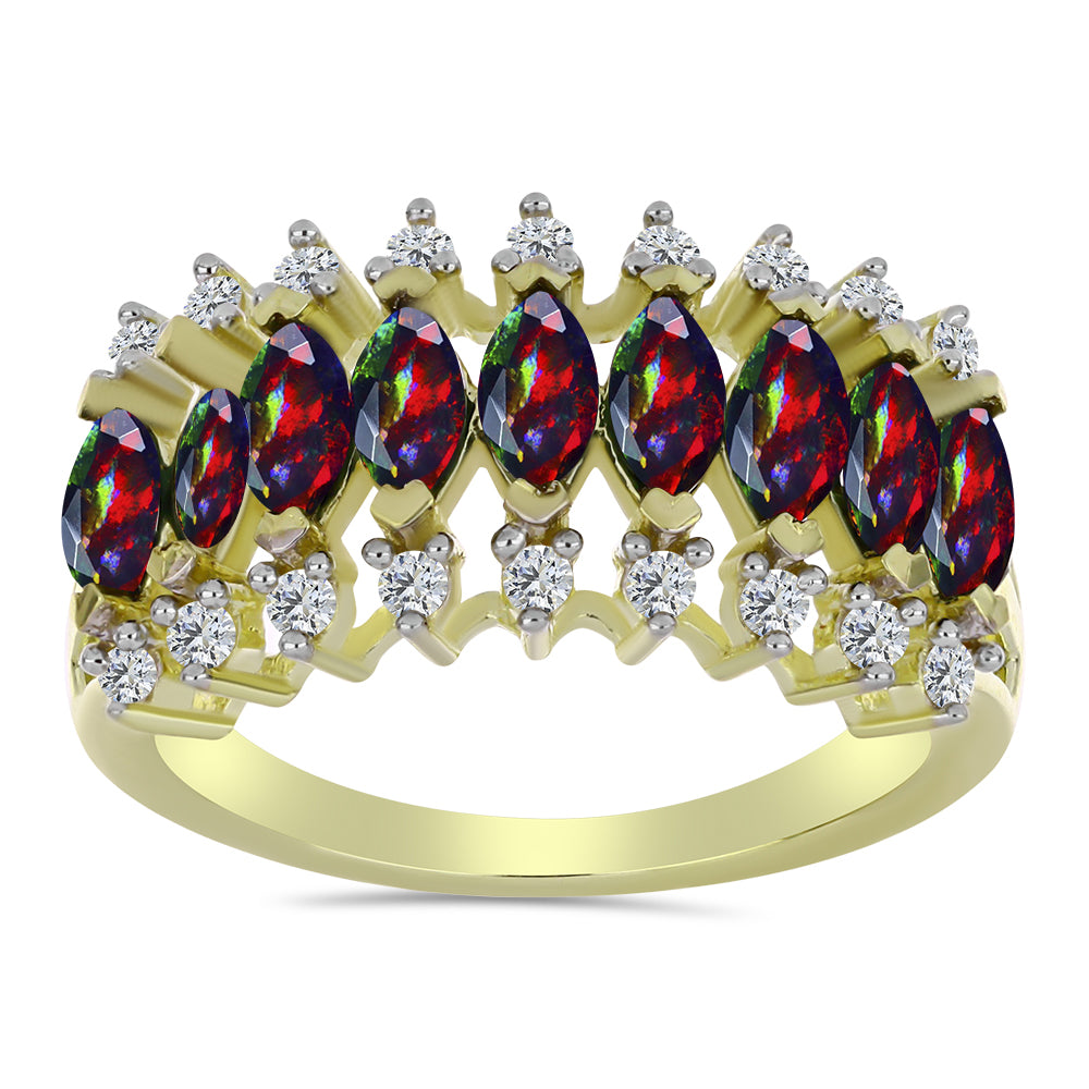 Anel de Prata com Banho de Ouro com Opala Preta de Lega Dembi da Etiópia e Topázio Branco  Contraste: Cabeca de Veado (800) 3 