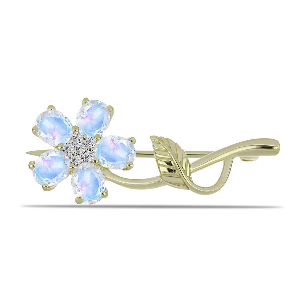 Alfinete de Prata com Banho de Ouro com Pedra da Lua Arco-íris e Topázio Branco 1 