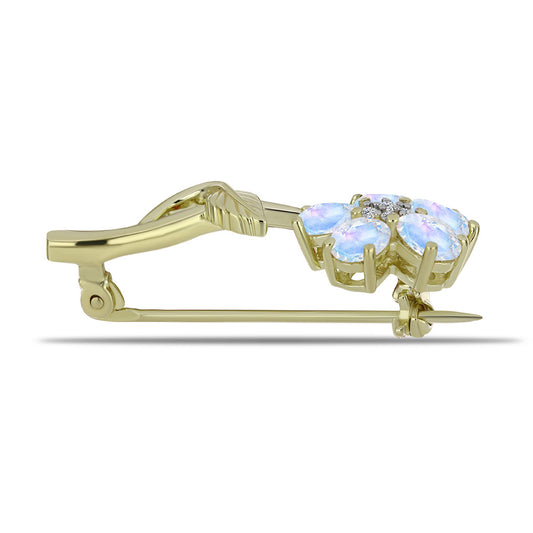 Alfinete de Prata com Banho de Ouro com Pedra da Lua Arco-íris e Topázio Branco