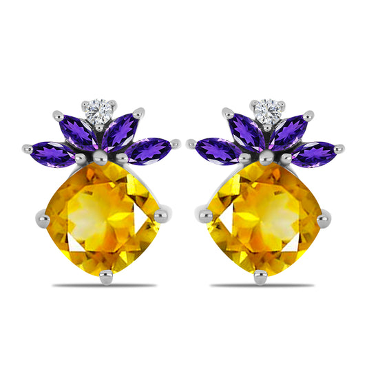 Brincos de Prata com Citrino de Ural e Ametista de Marrocos