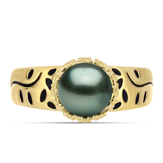 Anel de Prata com Banho de Ouro com Pérola de água doce com tonalidade verde estilo Taiti  Contraste: Cabeca de Veado (800)