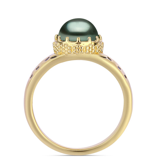 Anel de Prata com Banho de Ouro com Pérola de água doce com tonalidade verde estilo Taiti  Contraste: Cabeca de Veado (800)