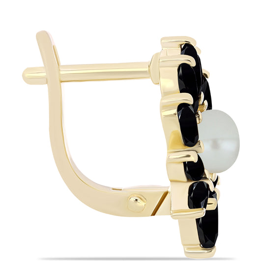 Brincos de Prata com Banho de Ouro com Pérola de água doce com tonalidade verde estilo Taiti e Ónix Preta