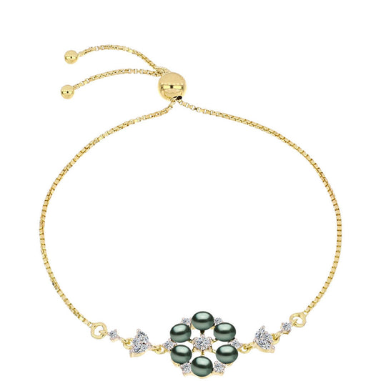 Pulseira de Prata com Banho de Ouro com Pérola de água doce com tonalidade verde estilo Taiti e Topázio Branco  Contraste: Cabeca de Veado (800)