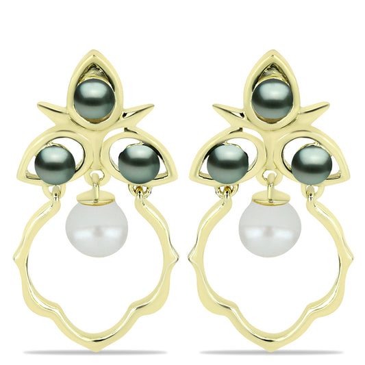 Brincos de Prata com Banho de Ouro com Pérola de água doce com tonalidade verde estilo Taiti e Pérola de Água Doce Branca