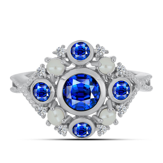 Anel de Prata com Safira Azul Australiana e Pérola Branca de Água Doce  Contraste: Cabeca de Veado (800)