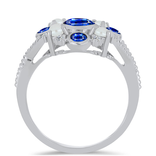 Anel de Prata com Safira Azul Australiana e Pérola Branca de Água Doce  Contraste: Cabeca de Veado (800)