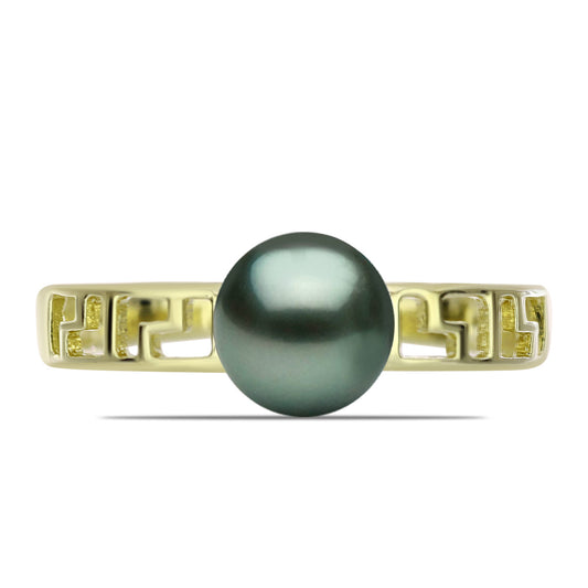 Anel de Prata com Banho de Ouro com Pérola de água doce com tonalidade verde estilo Taiti