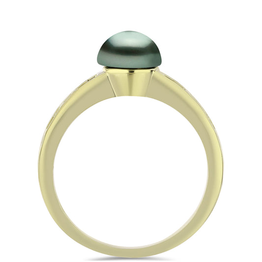 Anel de Prata com Banho de Ouro com Pérola de água doce com tonalidade verde estilo Taiti