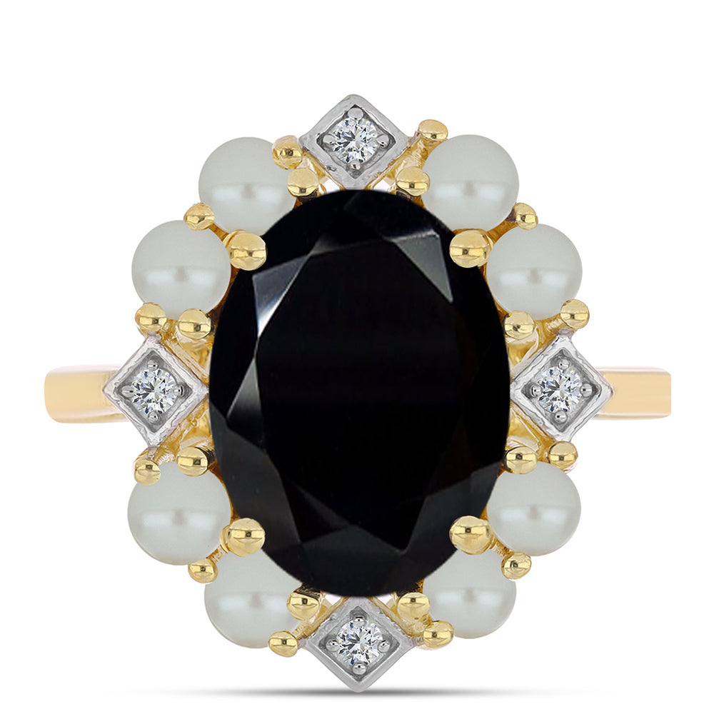 Anel de Prata com Banho de Ouro com Pérola de água doce com tonalidade verde estilo Taiti e Ónix Preta  Contraste: Cabeca de Veado (800) 1 