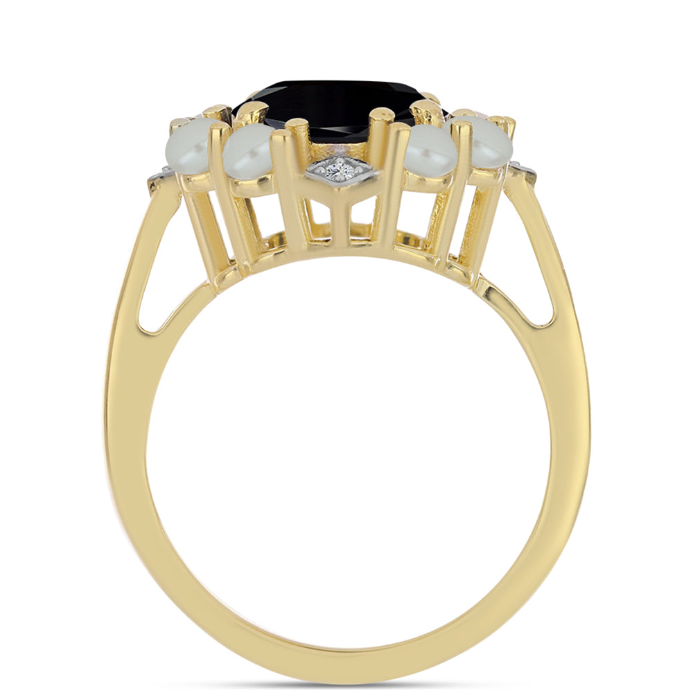 Anel de Prata com Banho de Ouro com Pérola de água doce com tonalidade verde estilo Taiti e Ónix Preta  Contraste: Cabeca de Veado (800) 2 