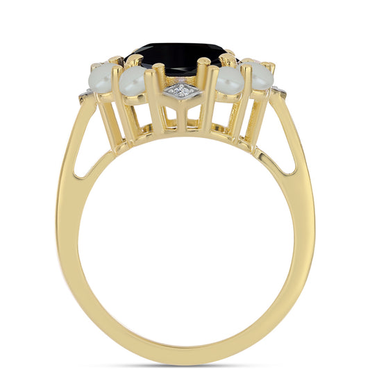 Anel de Prata com Banho de Ouro com Pérola de água doce com tonalidade verde estilo Taiti e Ónix Preta  Contraste: Cabeca de Veado (800)