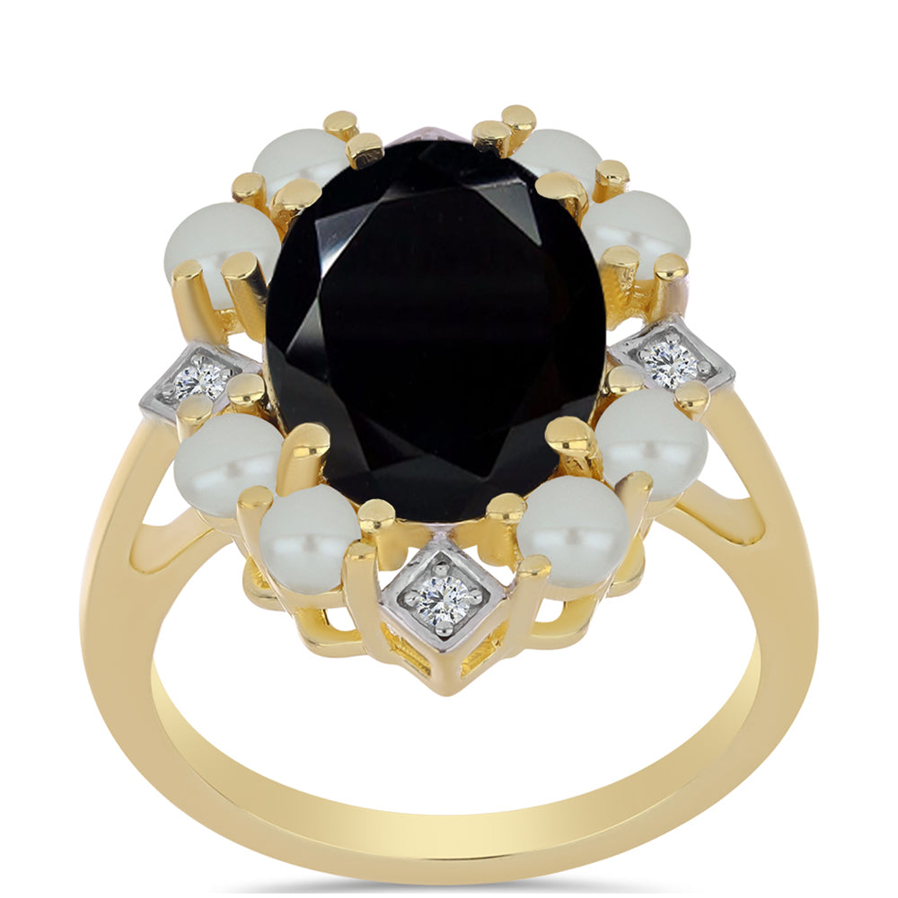 Anel de Prata com Banho de Ouro com Pérola de água doce com tonalidade verde estilo Taiti e Ónix Preta  Contraste: Cabeca de Veado (800) 3 