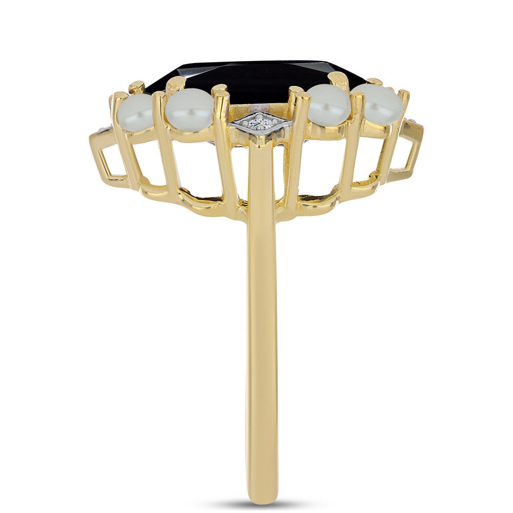 Anel de Prata com Banho de Ouro com Pérola de água doce com tonalidade verde estilo Taiti e Ónix Preta  Contraste: Cabeca de Veado (800) 4 