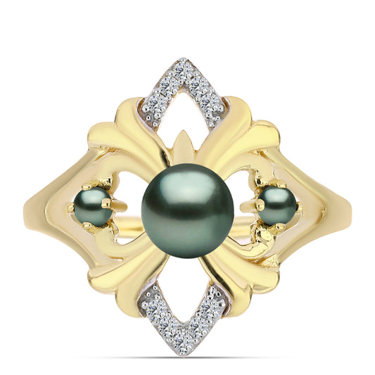 Anel de Prata com Banho de Ouro com Pérola de água doce com tonalidade verde estilo Taiti e Topázio Branco  Contraste: Cabeca de Veado (800)