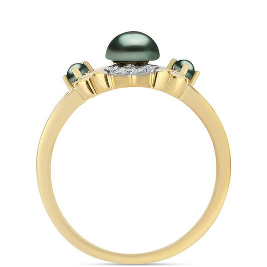 Anel de Prata com Banho de Ouro com Pérola de água doce com tonalidade verde estilo Taiti e Topázio Branco  Contraste: Cabeca de Veado (800)