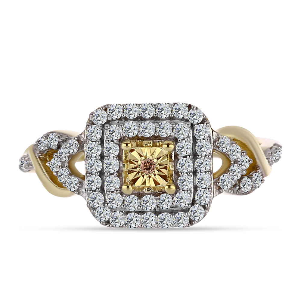 Anel de Prata com Banho de Ouro com Diamante cor de Cognac e Topázio Branco