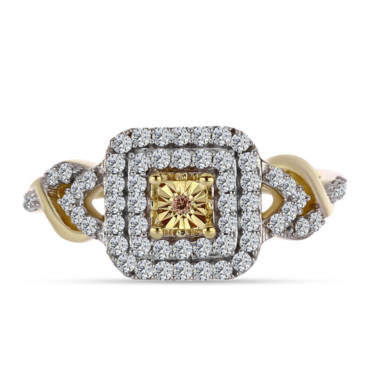 Anel de Prata com Banho de Ouro com Diamante cor de Cognac e Topázio Branco