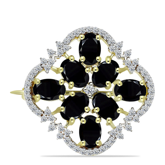 Alfinete de Prata com Banho de Ouro com Ónix Preta e Topázio Branco  Contraste: Cabeca de Veado (800)