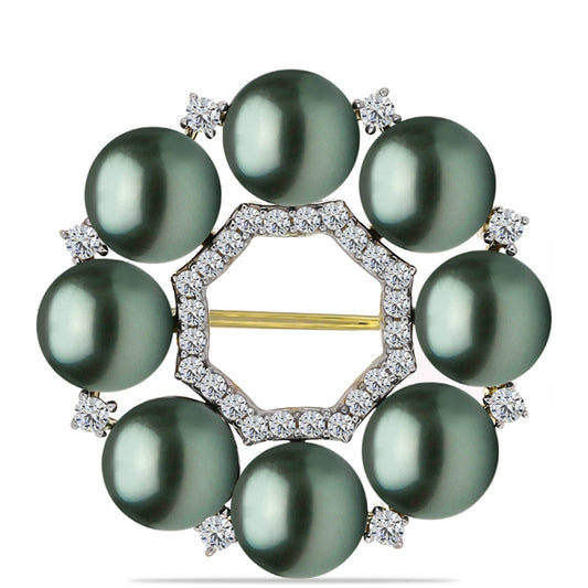 Alfinete de Prata com Banho de Ouro com Pérola de água doce com tonalidade verde estilo Taiti e Topázio Branco
