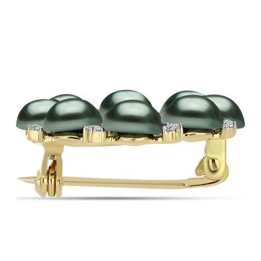 Alfinete de Prata com Banho de Ouro com Pérola de água doce com tonalidade verde estilo Taiti e Topázio Branco