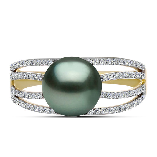 Anel de Prata com Banho de Ouro com Pérola de água doce com tonalidade verde estilo Taiti e Topázio Branco  Contraste: Cabeca de Veado (800)