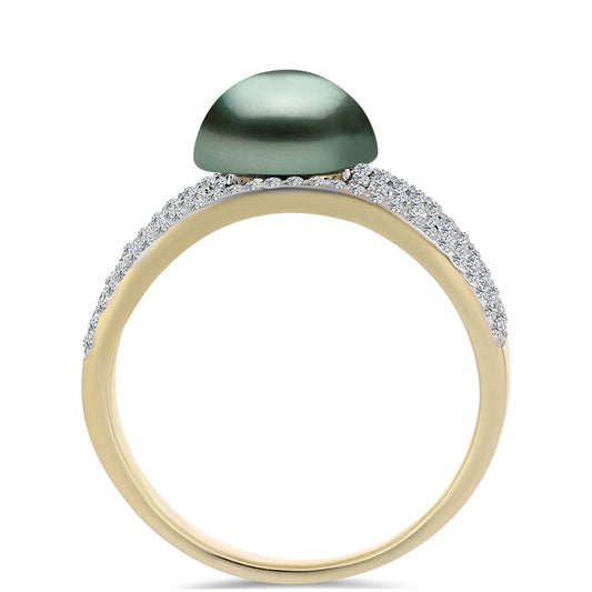 Anel de Prata com Banho de Ouro com Pérola de água doce com tonalidade verde estilo Taiti e Topázio Branco  Contraste: Cabeca de Veado (800)
