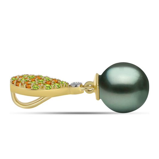 Pendente de Prata com Banho de Ouro com Pérola de água doce com tonalidade verde estilo Taiti e Citrino de Ural