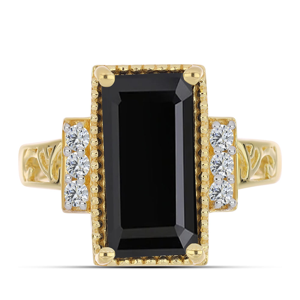 Anel de Prata com Banho de Ouro com Ónix Preta e Topázio Branco  Contraste: Cabeca de Veado (800) 1 