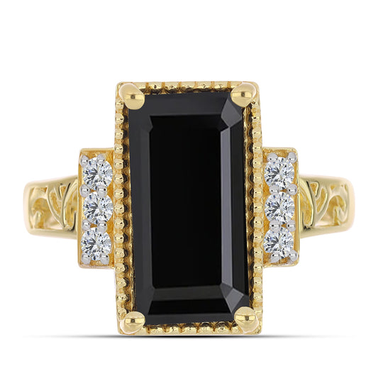 Anel de Prata com Banho de Ouro com Ónix Preta e Topázio Branco  Contraste: Cabeca de Veado (800)