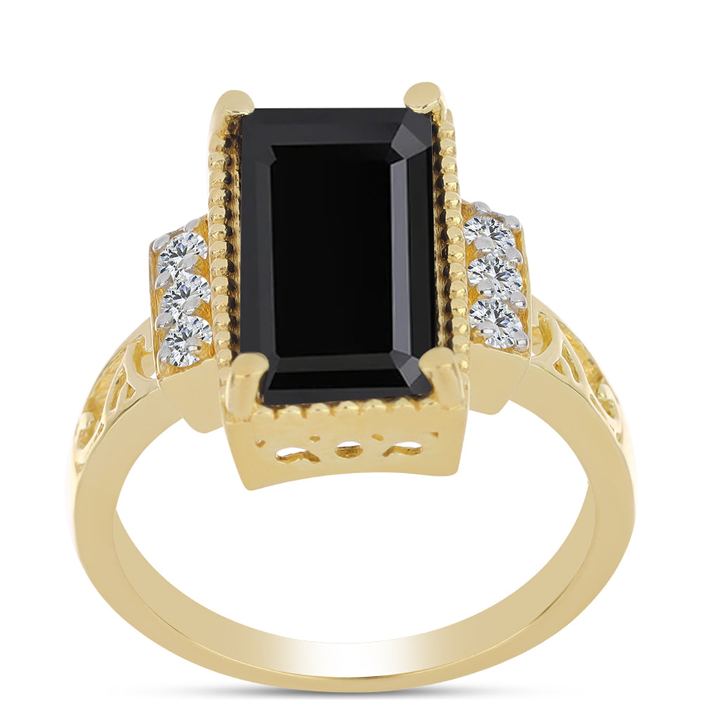 Anel de Prata com Banho de Ouro com Ónix Preta e Topázio Branco  Contraste: Cabeca de Veado (800) 3 