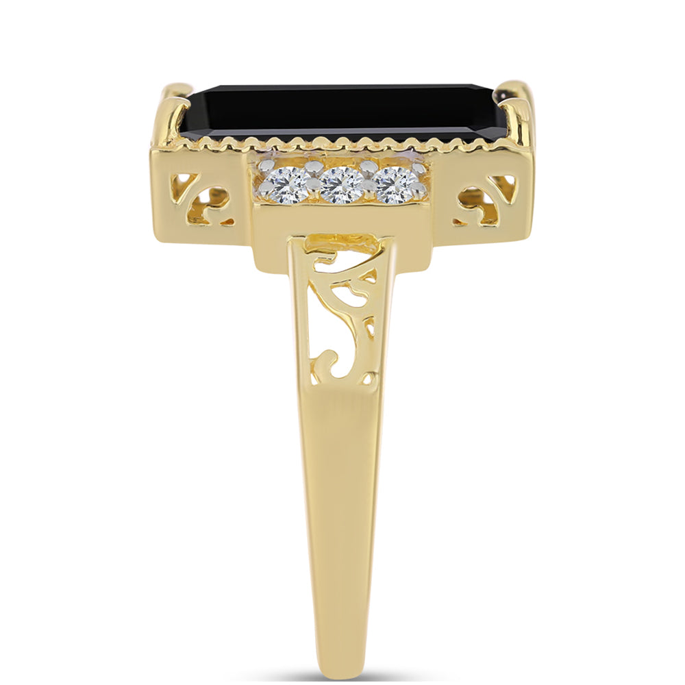 Anel de Prata com Banho de Ouro com Ónix Preta e Topázio Branco  Contraste: Cabeca de Veado (800)