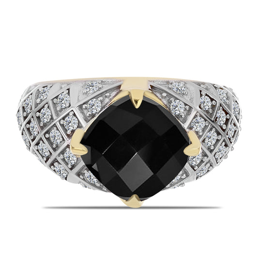 Anel de Prata com Banho de Ouro com Ónix Preta e Topázio Branco  Contraste: Cabeca de Veado (800)