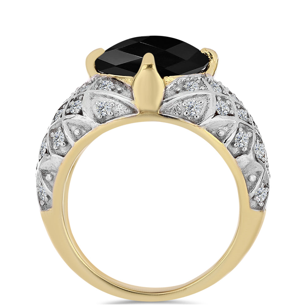 Anel de Prata com Banho de Ouro com Ónix Preta e Topázio Branco  Contraste: Cabeca de Veado (800) 2 