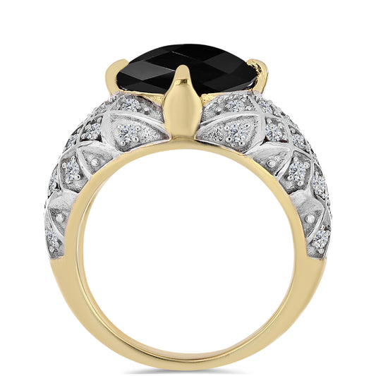 Anel de Prata com Banho de Ouro com Ónix Preta e Topázio Branco  Contraste: Cabeca de Veado (800)