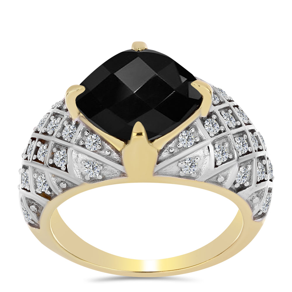 Anel de Prata com Banho de Ouro com Ónix Preta e Topázio Branco  Contraste: Cabeca de Veado (800) 3 