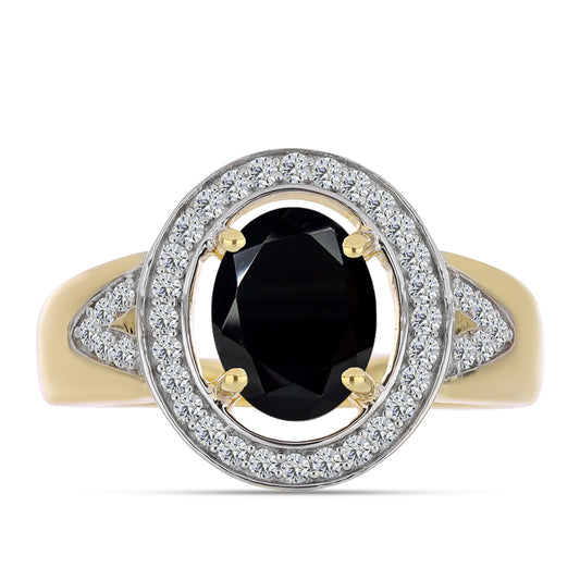 Anel de Prata com Banho de Ouro com Ónix Preta e Topázio Branco  Contraste: Cabeca de Veado (800)