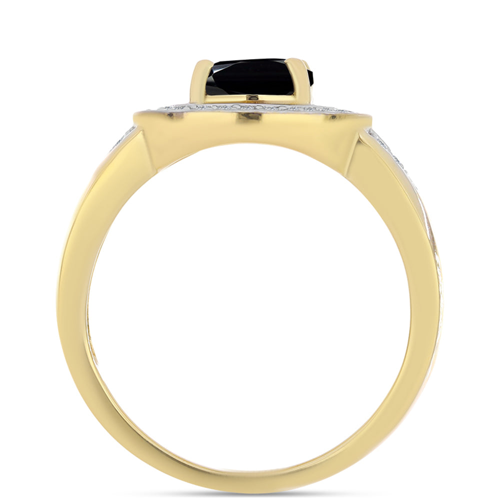 Anel de Prata com Banho de Ouro com Ónix Preta e Topázio Branco  Contraste: Cabeca de Veado (800)