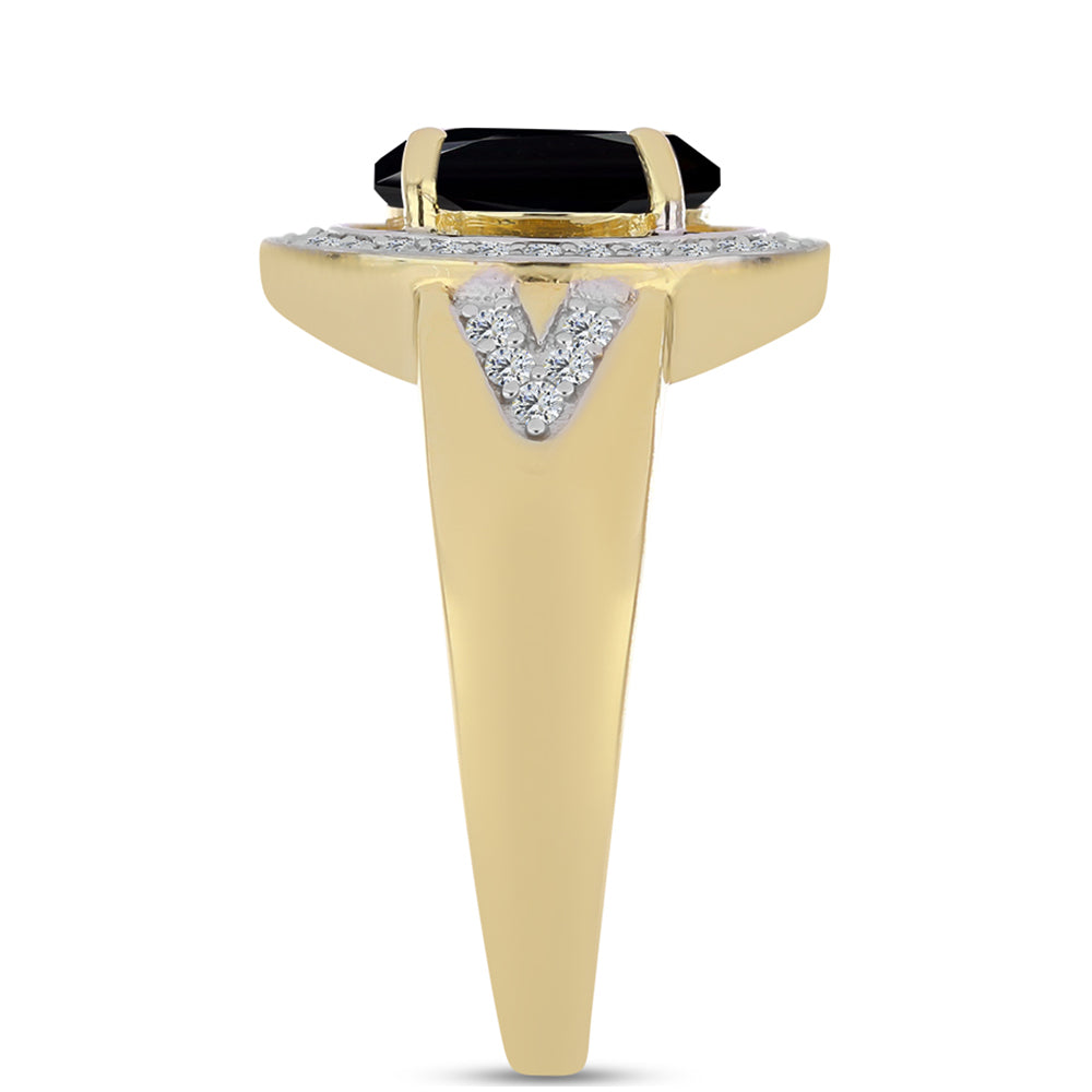 Anel de Prata com Banho de Ouro com Ónix Preta e Topázio Branco  Contraste: Cabeca de Veado (800) 3 